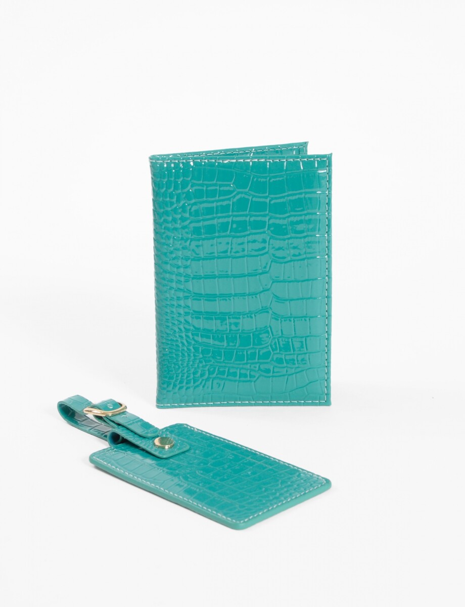 Set de funda para pasaporte y tag de valija croco - celeste 