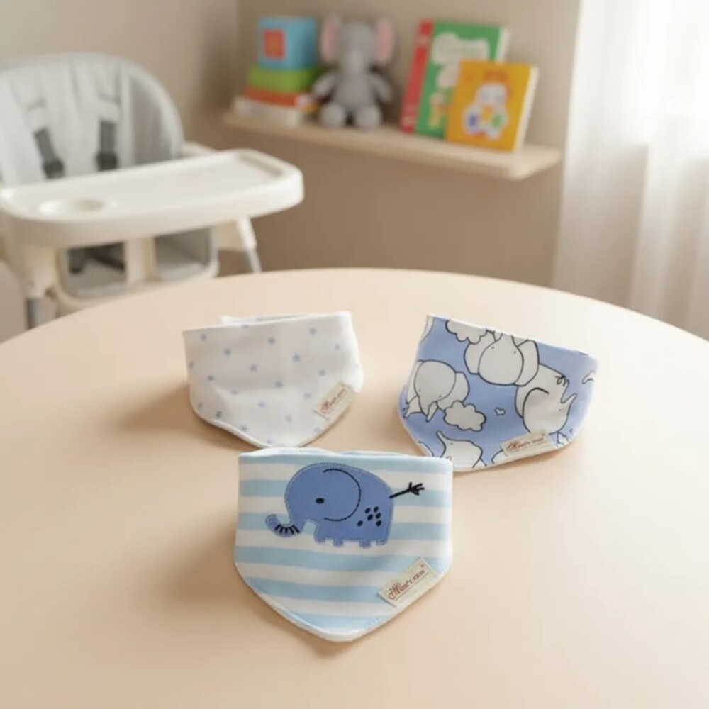 Set baberos bandana x3 elefante celeste rayas