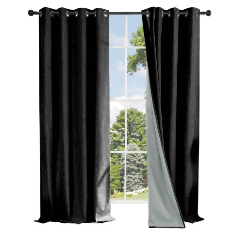 Cortina Blackout 100% Engomada Termica Set 2 Paños Tipo Lino Color Variante Negro