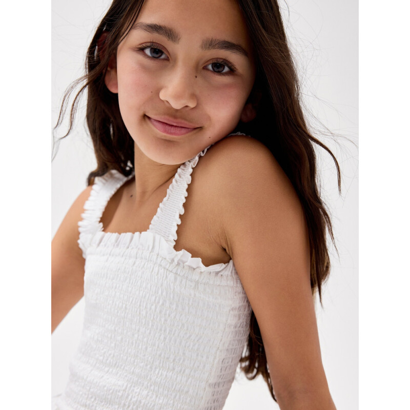 V-SMOCKED WOVEN TOP EYELET WHITE