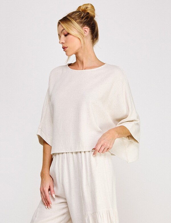 Blusa Crop De Lino Manga Kimono BEIGE CLARO