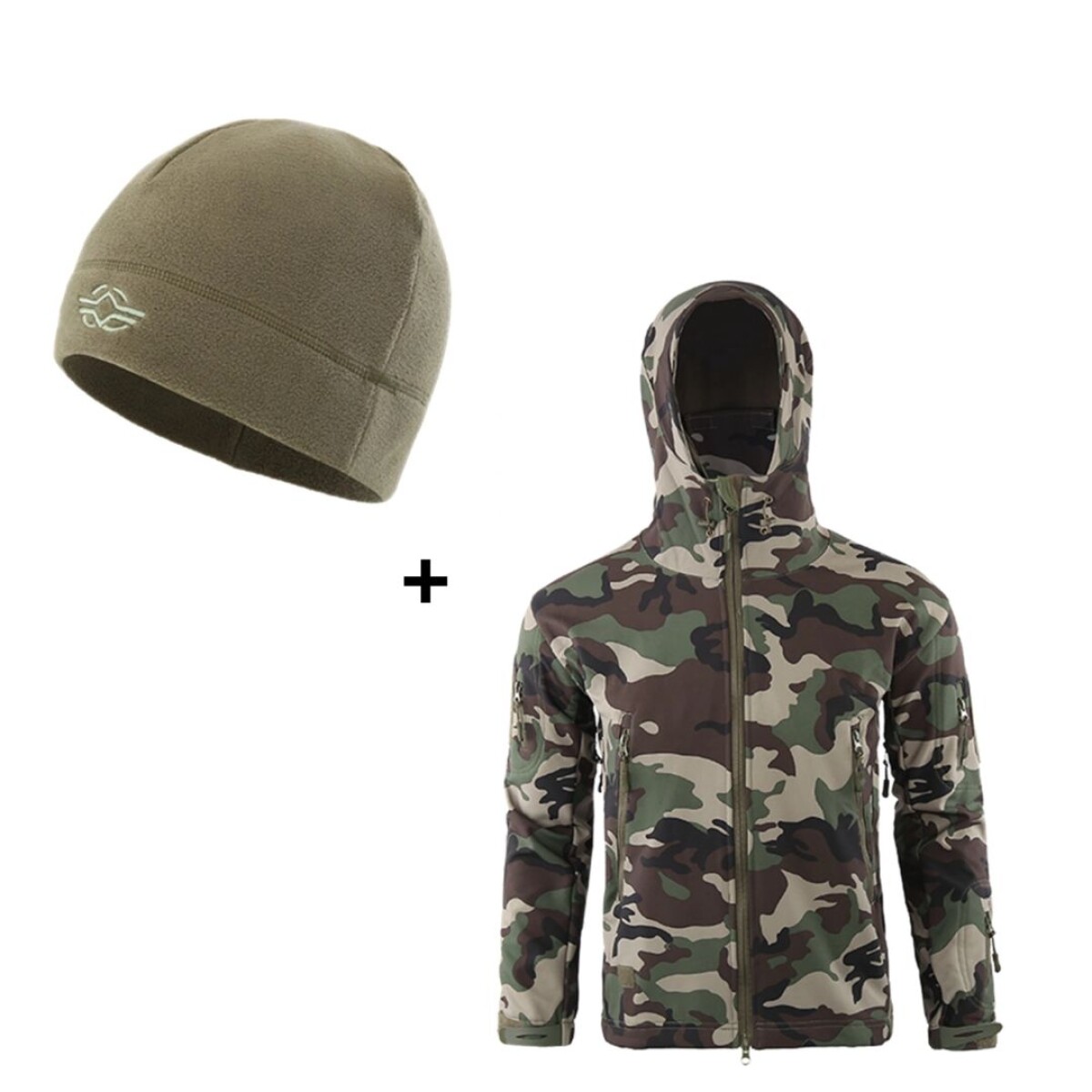 Combo Campera Tácticas Impermeable + Gorro Micro Polar - Woodland 