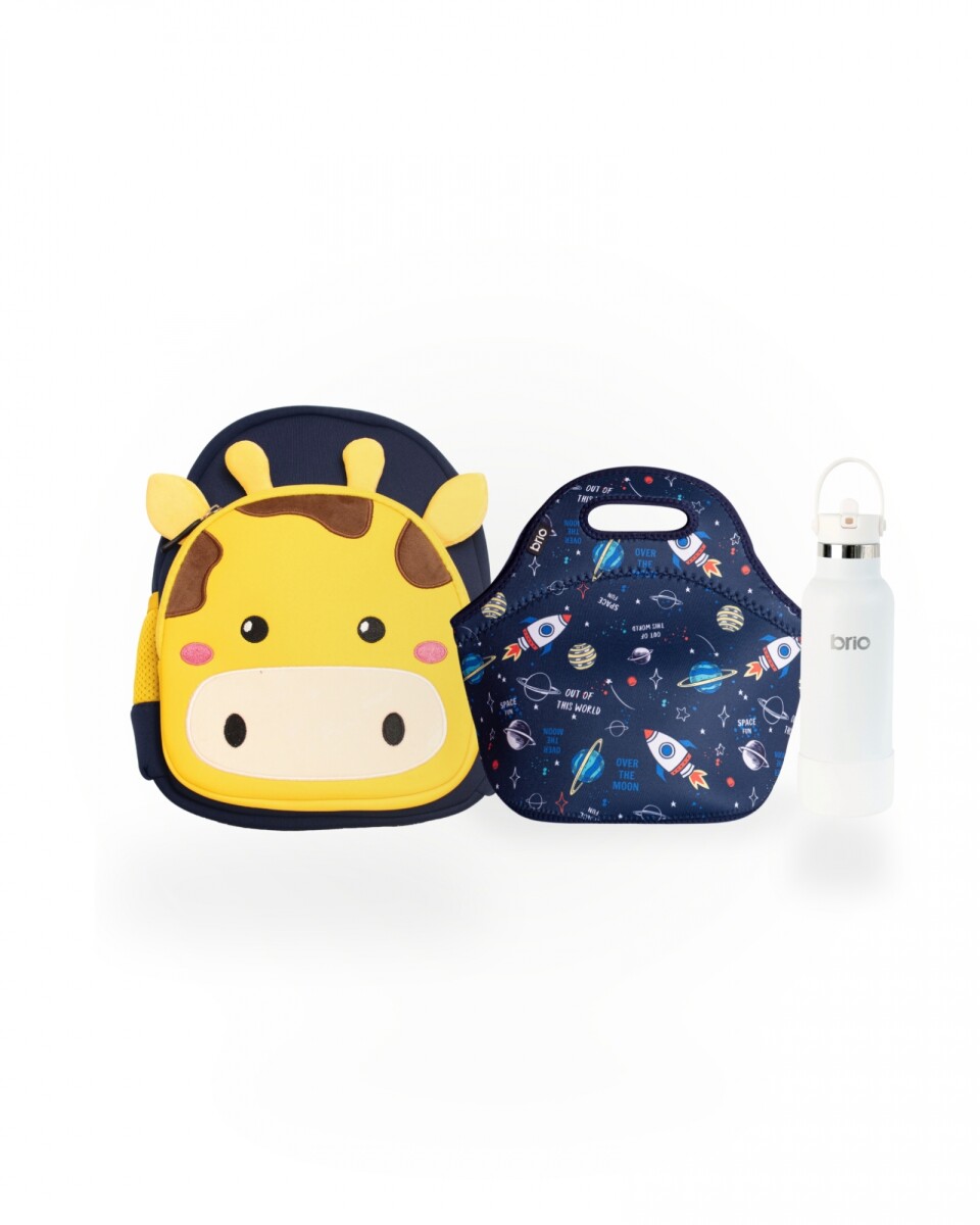 Set de mochila infantil animales de neopreno, lunchera de neopreno y botella de acero inoxidable 500ml brio - set-espacial 