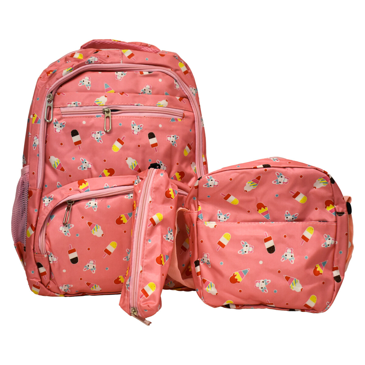 Set Mochila 3 Piezas Estampado Helados Escolar Resistente - Rosa 