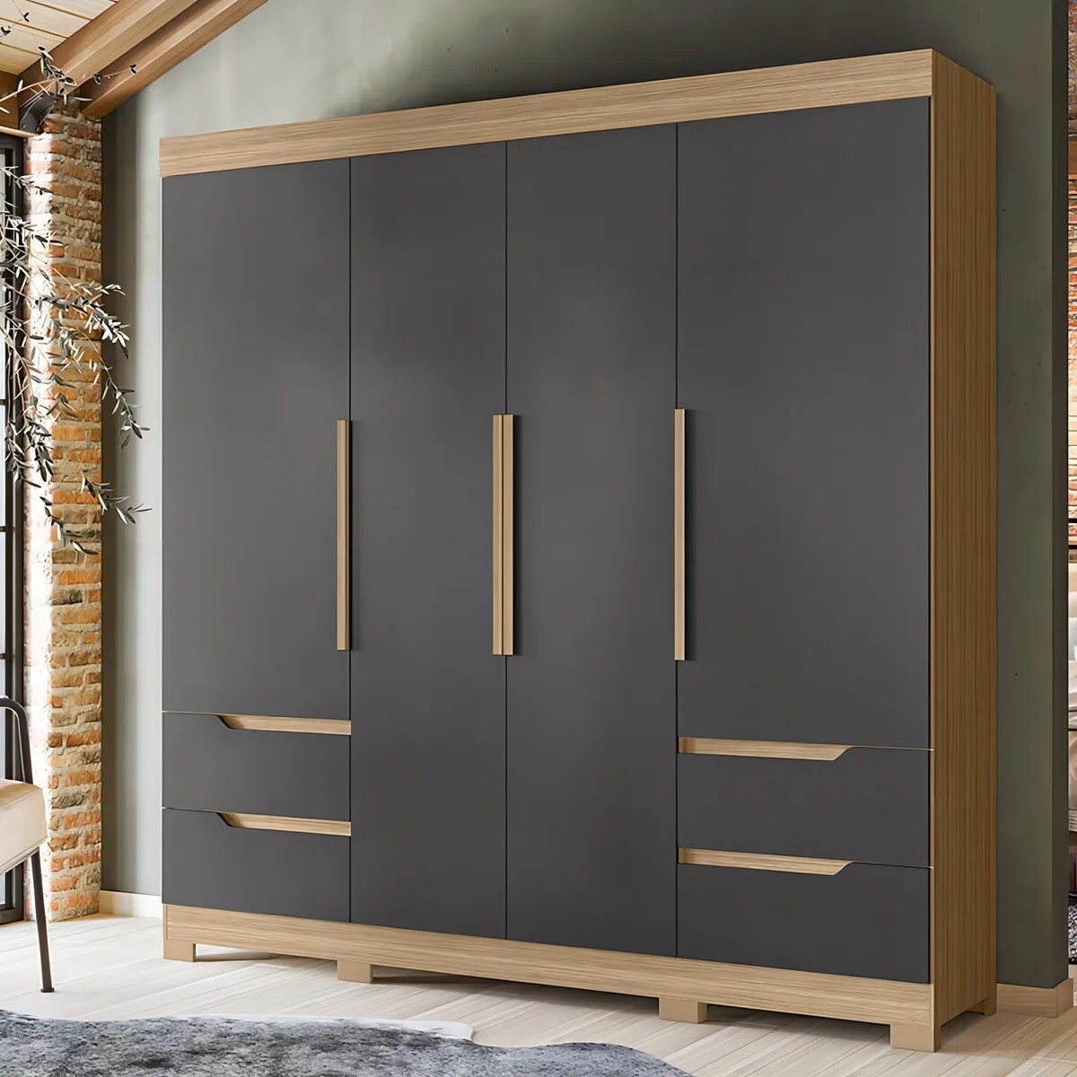 Ropero 4 puertas y 4 cajones - Vivacce - Natural/Titanio 