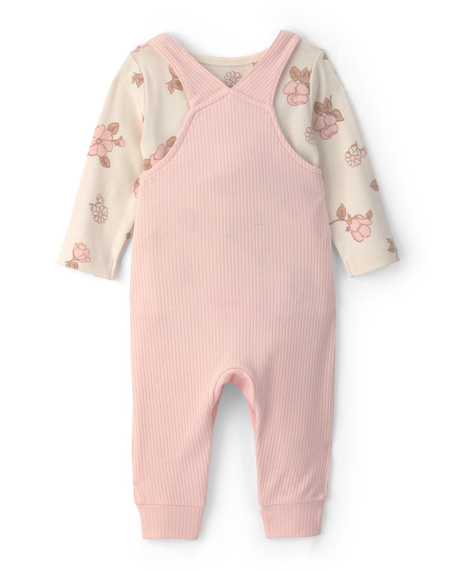 Set dos piezas de algodón, enterito y remera, rosado y crema, diseño floral Sin color