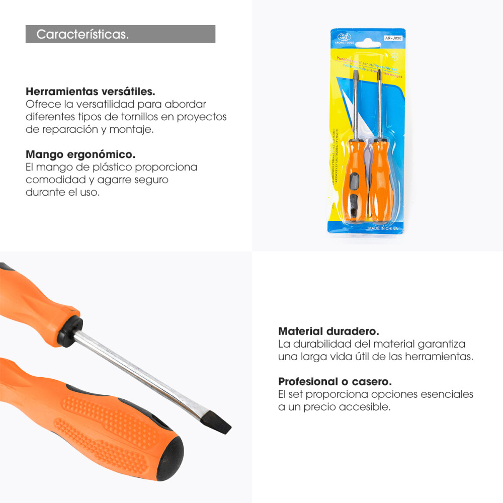 Set De 2 Destornilladores Phillips Plano Mango De Plástico Color naranja