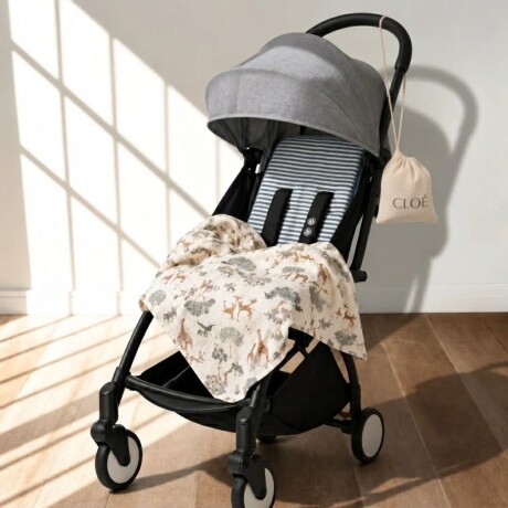 Set Carrito y Paseo - Muselina Chica Rayas Azul + Savanna