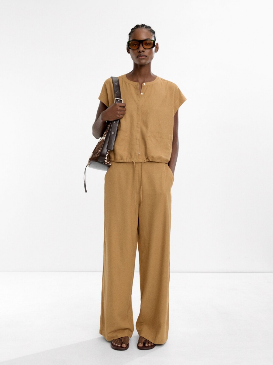Pantalón Recto Con Lino - camel 