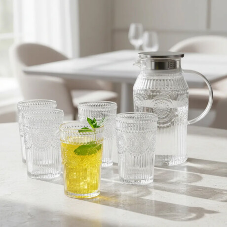 Set Jarra Vidrio + 6 Vasos Labrados Vintage Transparente