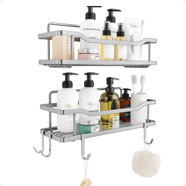 Estante organizador baño ducha set x2 adhesivo con ganchos Plateado