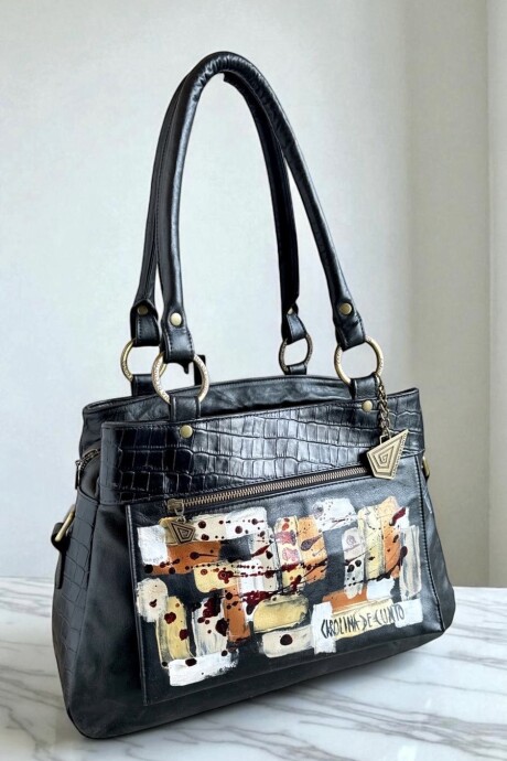 Cartera De Cuero Modelo VITALIA Con Arte Pintado A Mano Color Negro
