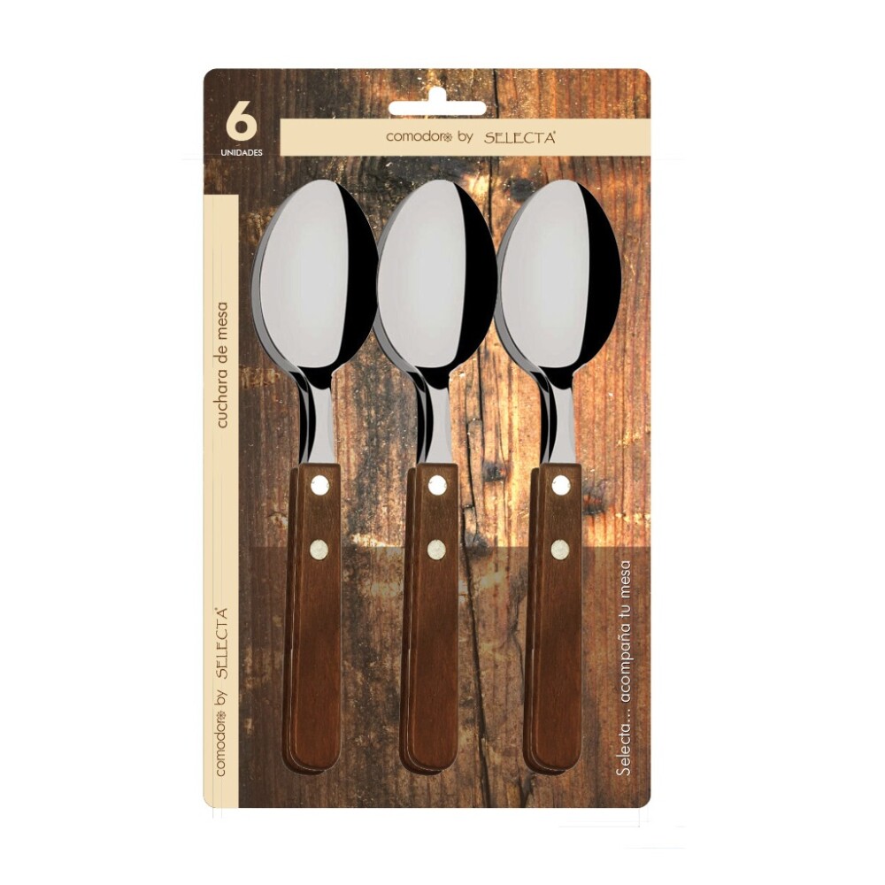 Set de 6 Cucharas de Mesa Acero Inox 1,2 mm con Mango de Madera SET 6PZAS CUCHARA DE MESA 1.2MM MANGO MADERA