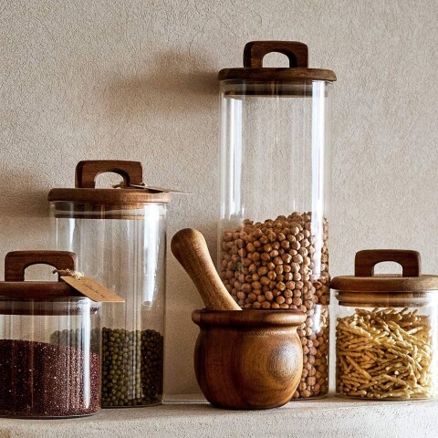 Contenedor de vidrio tapa madera con manija 700ml