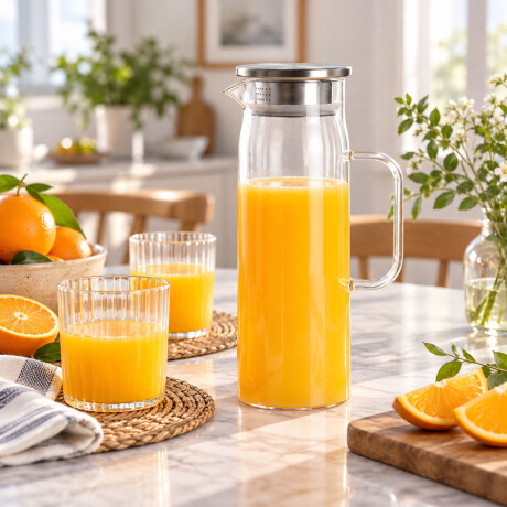 Jarra de Vidrio 1,3L Tapa Acero Inoxidable Bebidas Frias Transparente