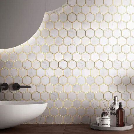 MOSAICO HEXAGONAL VIDRIO 28X41 MARMOLADO CON BORDES DORADOS 000