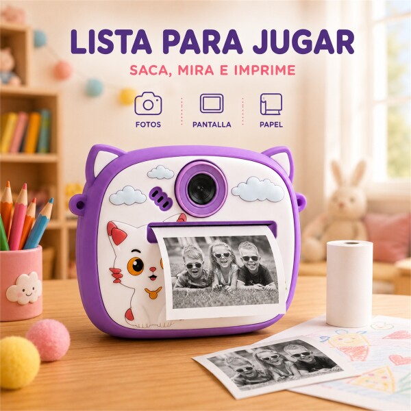 Cámara Infantil Instantánea Gatito con Doble Lente y Selfie Violeta