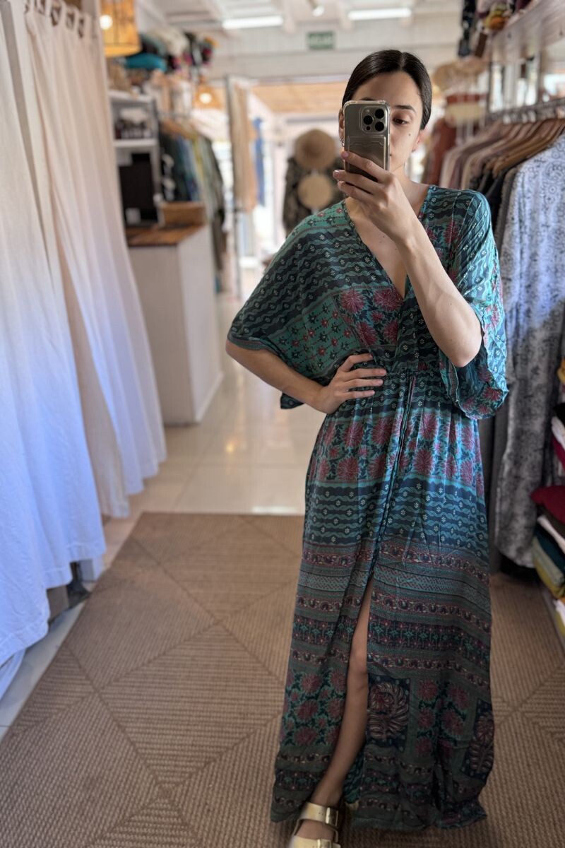 Vestido Manu de seda Tonos turquesa y bordó