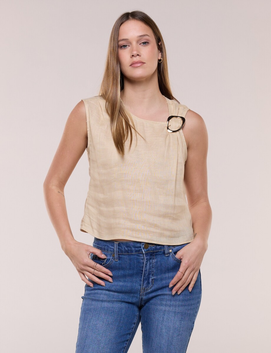Blusa De Lino Con Hebilla - Beige 