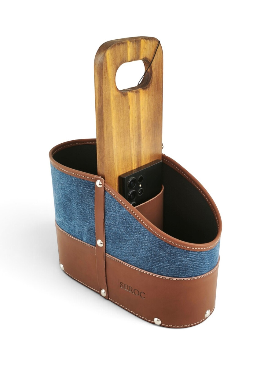 Porta termo y mate en madera y lona con porta celular y porta bombilla - Azul 