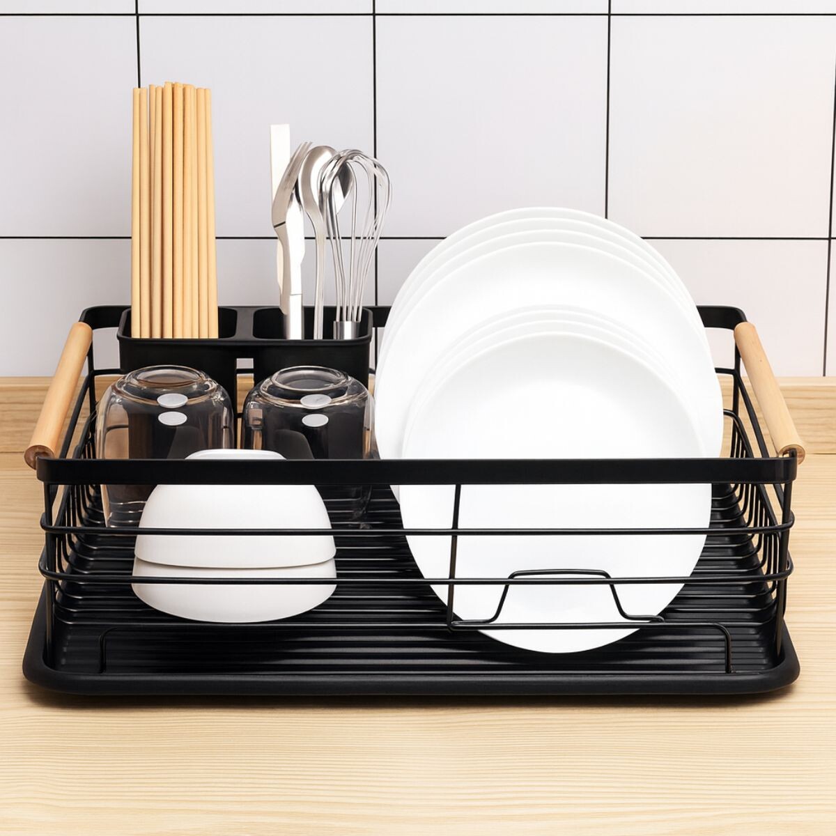 Escurridor De Platos Secaplatos Cocina Vajilla Metal Madera Negro Con Madera 