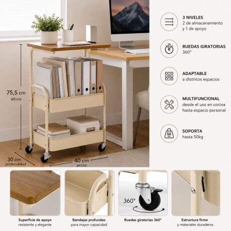 Carrito Organizador Multiuso C/Mesa 3Niv Con Ruedas 360 Beige