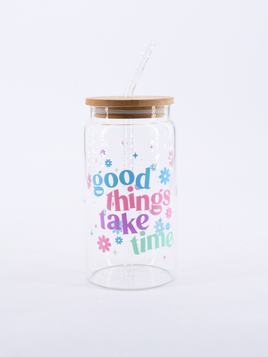 VASO VIDRIO CON SORBITO Y TAPA BAMBOO - TRANSPARENTE 