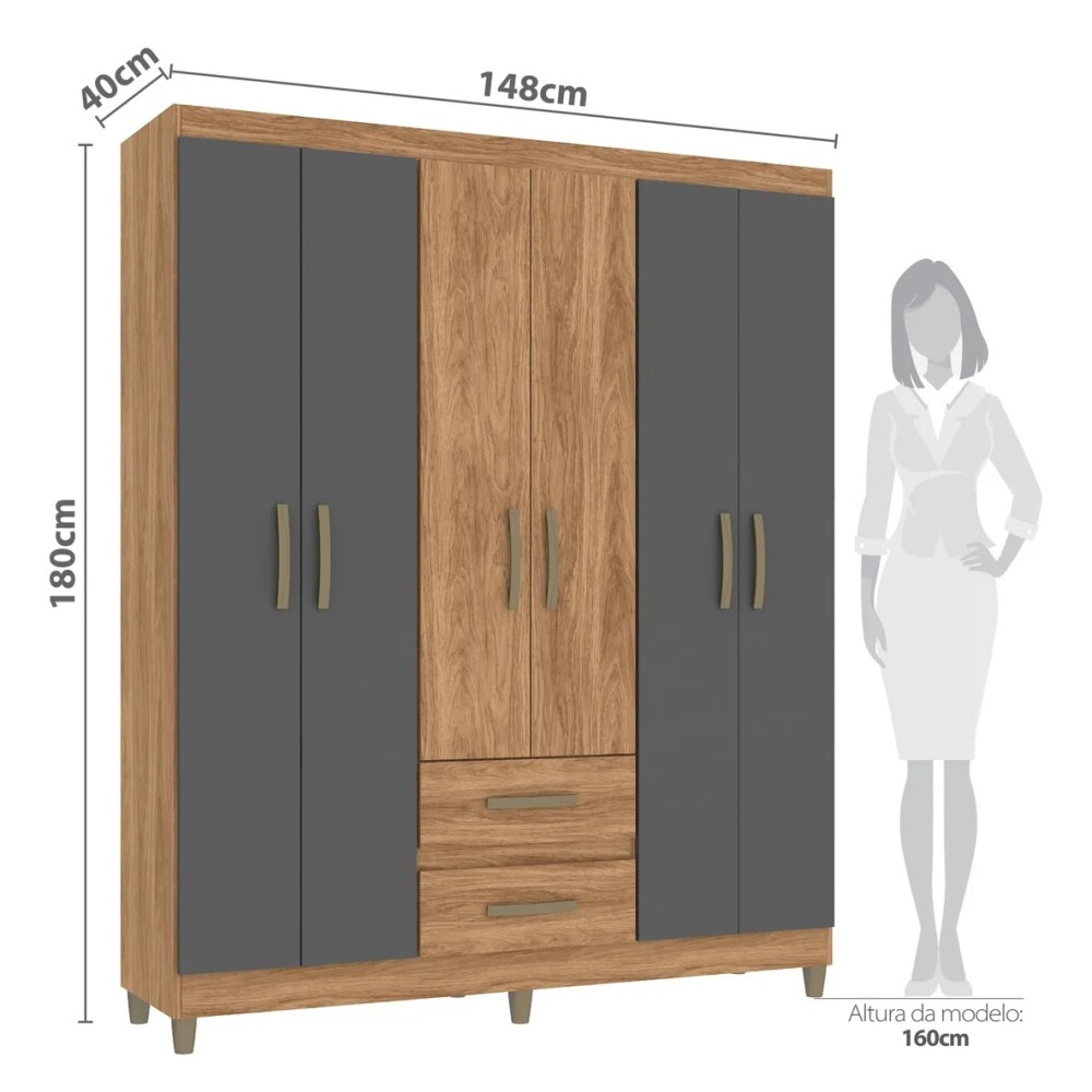 ROPERO 6 PUERTAS 2 CAJONES GUARDARROPA ARMARIO CLÓSET PLACARD MADERA GRIS