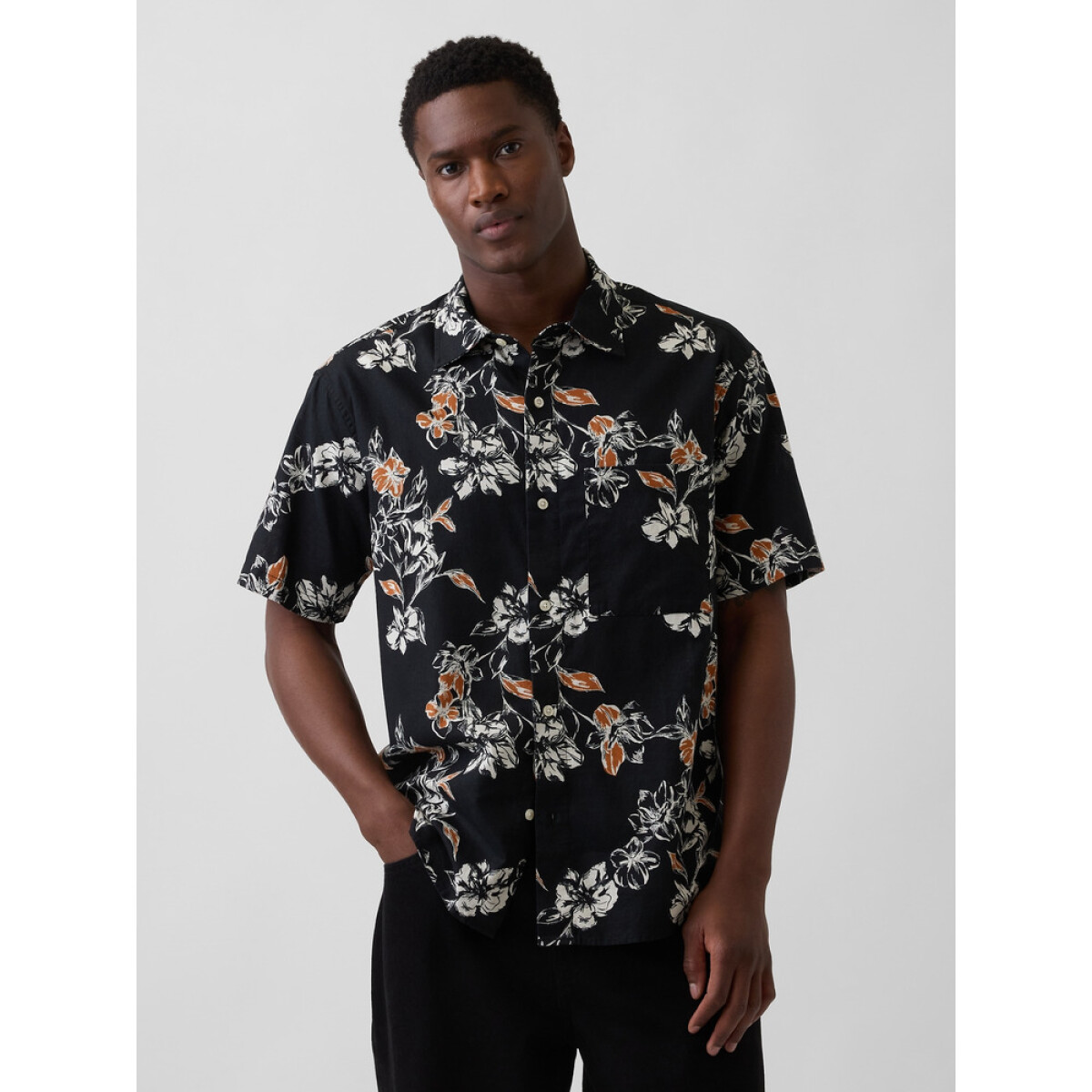 SS LINEN CURVED HEM - BLACK FLORAL 