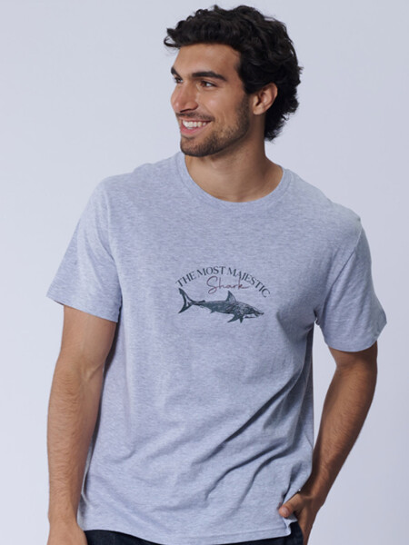 Remera Estampa Tiburón Gris Melange