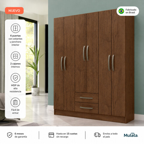 Ropero 6 puertas 2 cajones con estantes y perchero interior natural 172X136X35 - DAKAR Ropero 6 puertas 2 cajones con estantes y perchero interior natural 172X136X35 - DAKAR