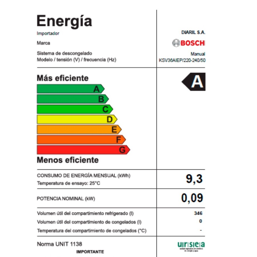 Heladera 1 puerta 346 Lts Bosch KSV36AIEP Heladera 1 puerta 346 Lts Bosch KSV36AIEP