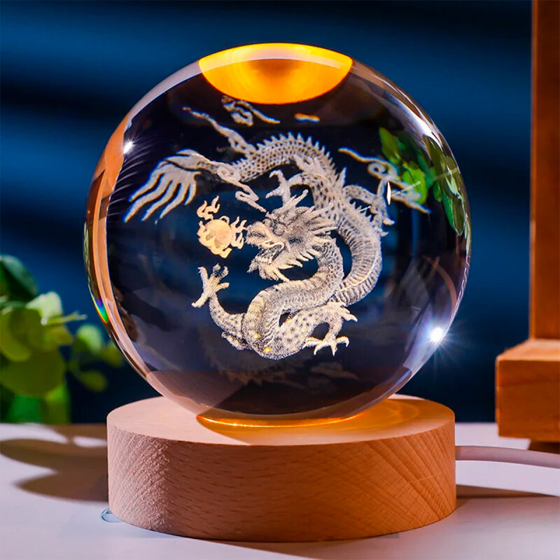 Lampara Veladora Bola de Cristal de 8 CM con Led y Base de Madera Dragón