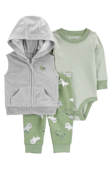 Set tres piezas, chaleco de micropolar, pantalón y body de algodón, diseño dinos Sin color