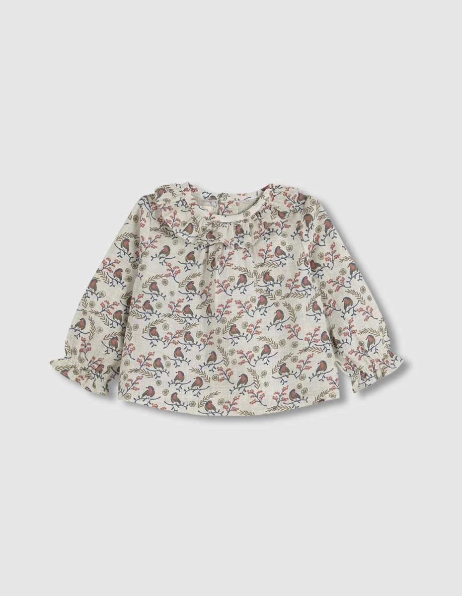 Blusa Manga Larga Estampado Pajaritos - Crudo 