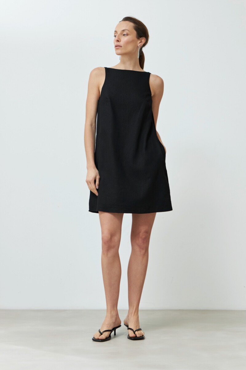 Vestido de lino con bolsillos negro