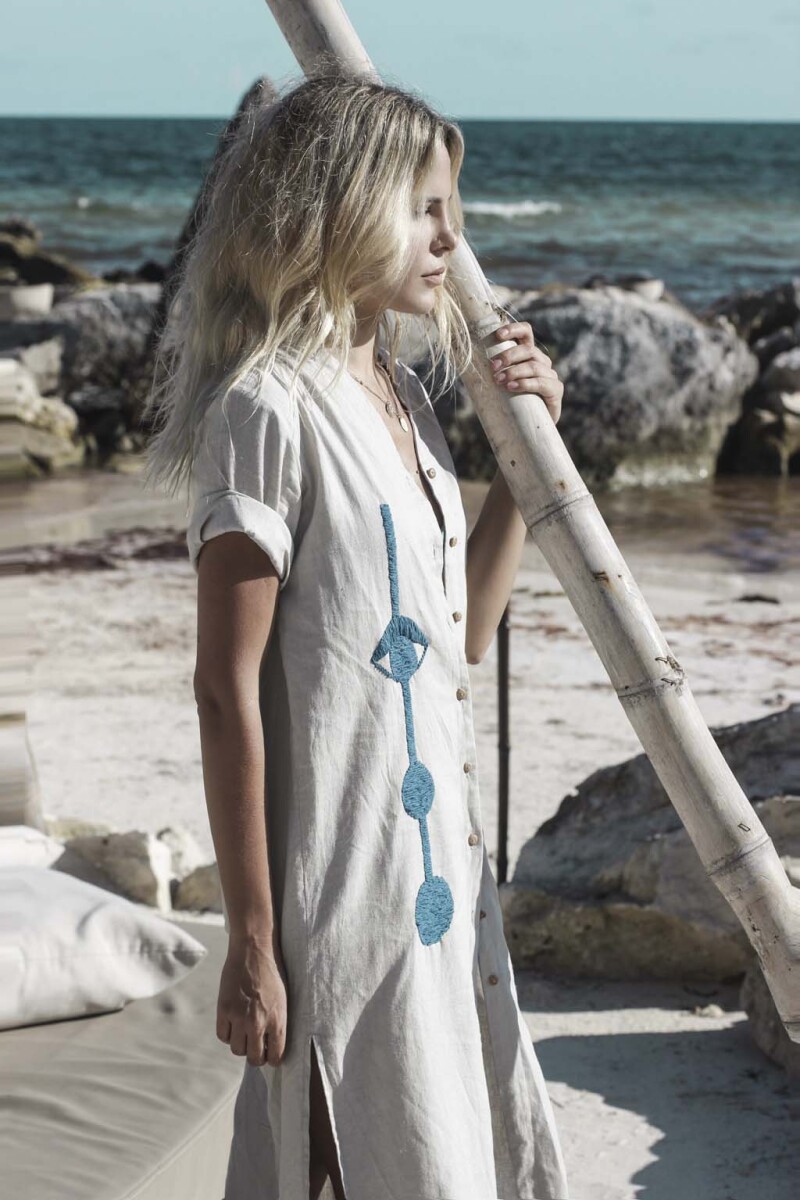 Túnica Larga - Visón bordada en Azul 