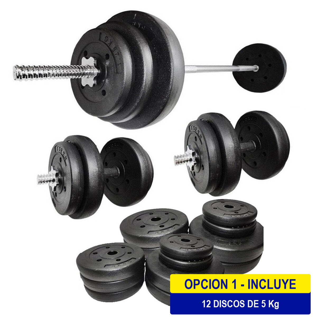 Set 2 Mancuernas Macizas + Barra 1.8m + 60 Kg Pesas - 12x5Kg 