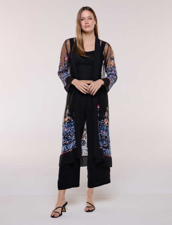 Cardigan Kimono Largo De Tul Bordado NEGRO/MULTI