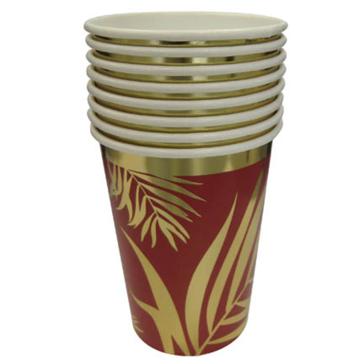 Cotillón Vaso Descartable x8 - Hoja Dorada/Fondo Rojo 