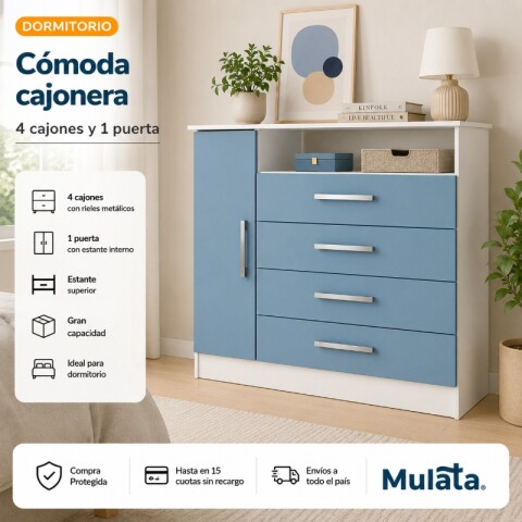Cómoda cajonera 4 cajones 1 puerta 93x38x91 Blanco / Celeste