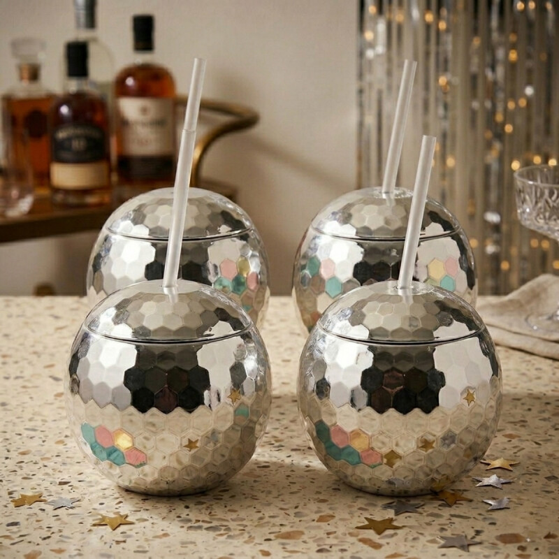 Set x4 Vaso con sorbito Disco Bola PLATEADO
