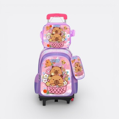 Mochila Escolar Con Carrito + Lonchera + Cartuchera Capibara Lila