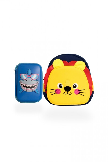 Set de mochila infantil de neopreno y cartuchera con divisiones brio set-tiburón-león2