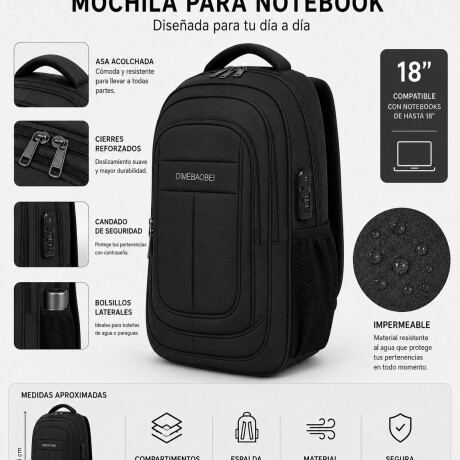 Mochila Sport 18" Para Notebook Candado Integrado Reforzada Negro