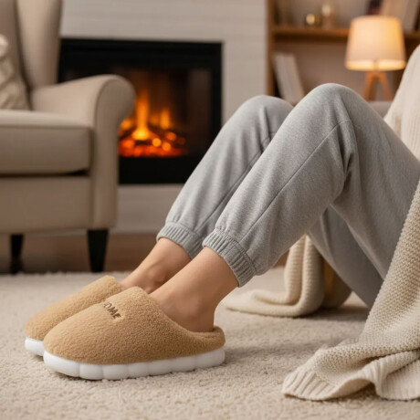 Pantufla De Felpa Peluche sintético Antideslizante Unisex Beige