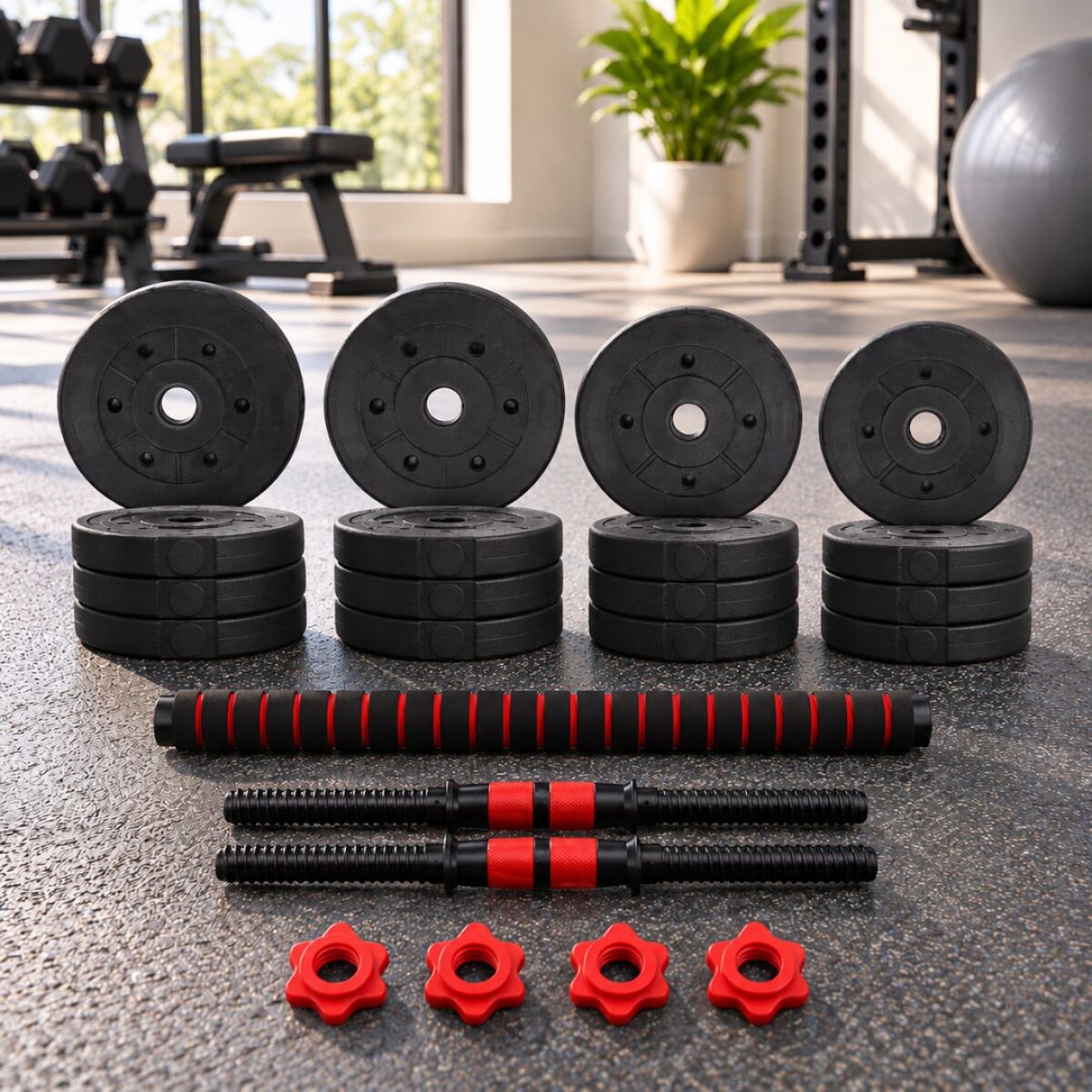 Kit de Mancuernas Ajustables 25kg con Barra de Unión –2 en 1 