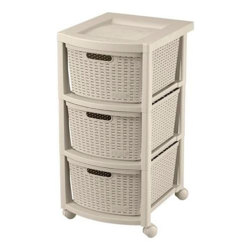 Cajonero Rimax Plastico Rattán 3 cajones, estante y ruedas Beige