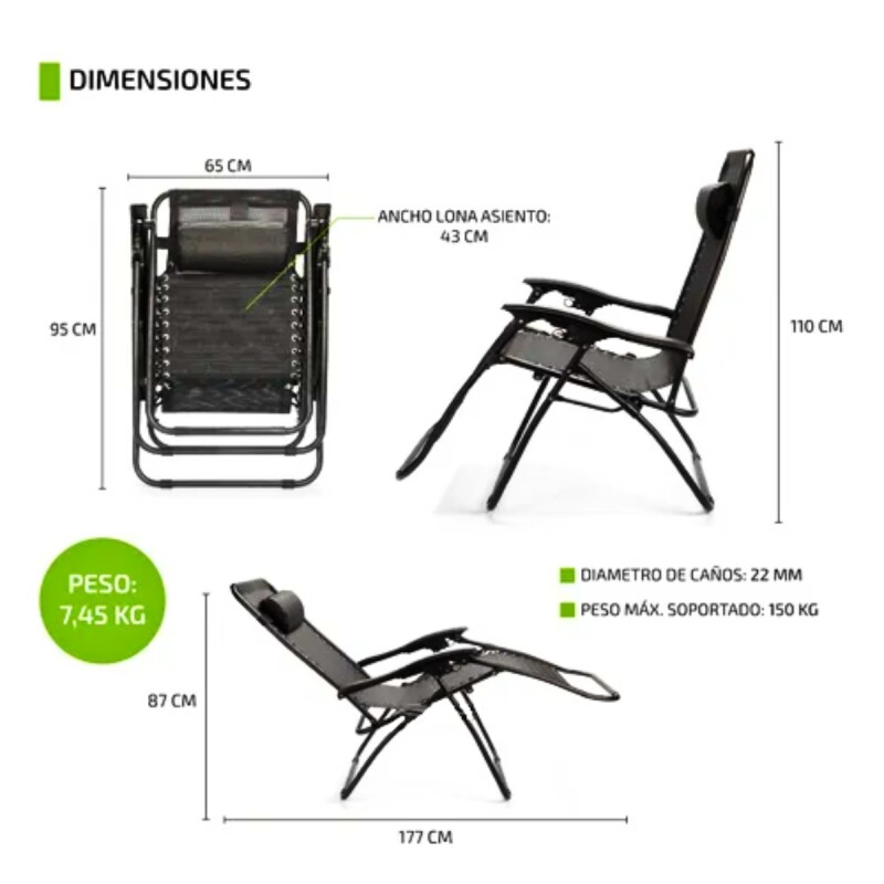 Set x2 Reposera Silla Playa Alta Plegable Gravedad Cero Reclinable Negro NEGRO
