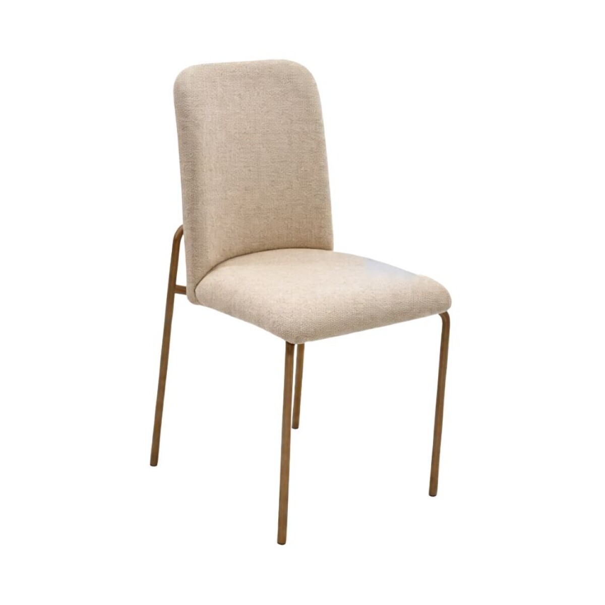 Silla en tela beige, patas en metal chocolate claro. 